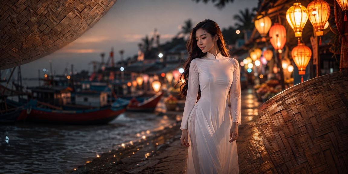 Người phụ nữ mặc áo dài tại Mũi Né sử dụng điện thoại tra cứu hướng dẫn tài khoản và nạp tiền